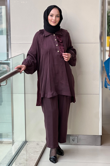 Ghisa Fırfır Detaylı Mix Kumaş Desenli Tunik Pantolon Takım