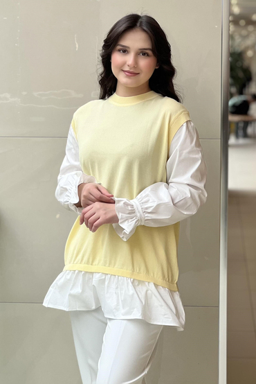 Tığ Triko Gömlek Yaka Metal Broş Detaylı Rayon Tunik