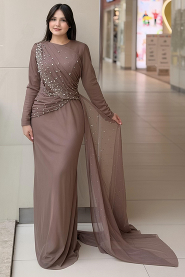 Fashion Night Drapeli Taş İşlemeli Tül Abiye Elbise