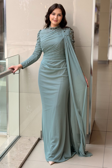 Fashion Night Kolları Taşlı Şifon Tül Abiye Elbise