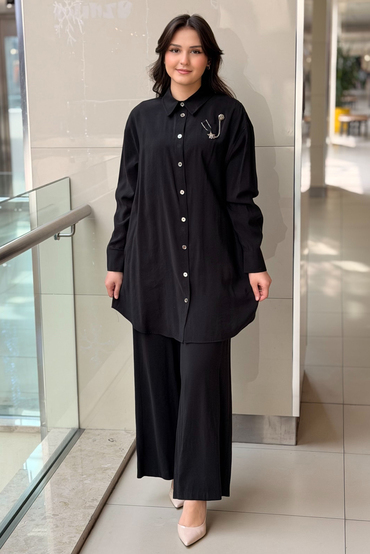 Nurcan Çetin Broş Detaylı Gömlek Pantolon Basic Takım