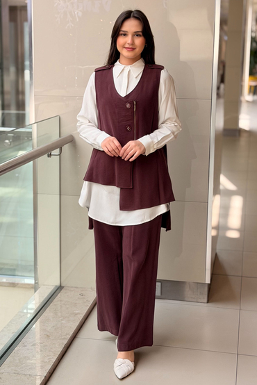 Nurcan Çetin Asimetrik Kesim Fermuarlı Yelek Gömlek Pantolon 3'lü Takım