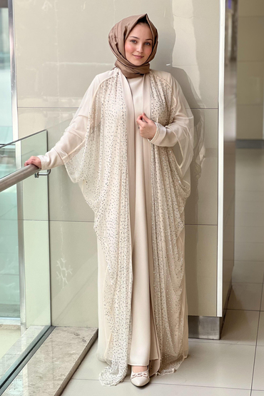 White Corner Taş İşlemeli Tül Abaya