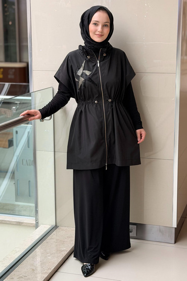 Nurcan Çetin Yakası Stoperli Önden Fermuarlı Paraşüt Yelek Tunik Pantolon 3'Lü Takım
