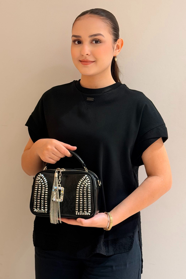 Mahal Bags Taşlı D Aksesuarlı Çift Fermuarlı El Tutmalı Çapraz Çanta