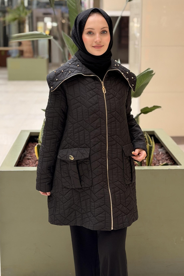 Matex Taş İşlemeli Geniş Yaka Fermuarlı Kapitöne Kaban
