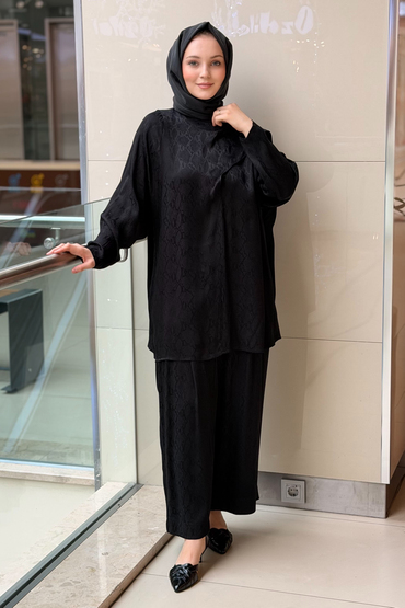 Ghisa Piton Desenli Şal Yaka Tunik Pantolon Takım
