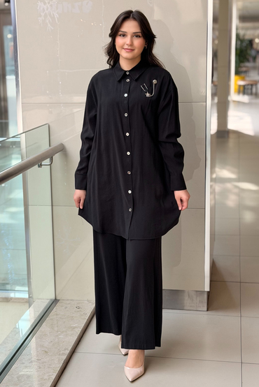 Nurcan Çetin Broş Detaylı Gömlek Pantolon Basic Takım