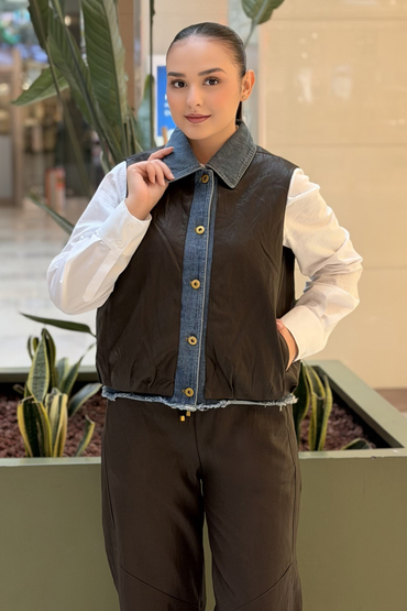 Twist Denim Mix Deri Görünümlü Yelek