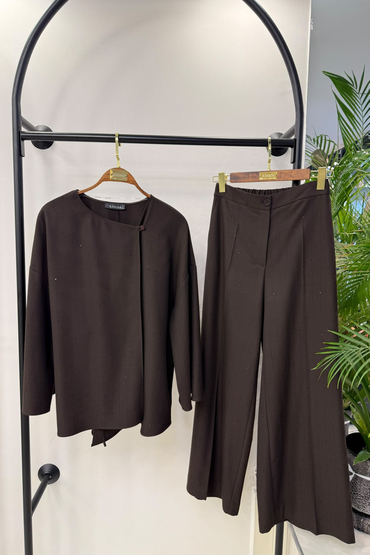 Kahma Çizgili Pullu Brown Kap Pantolon Takım