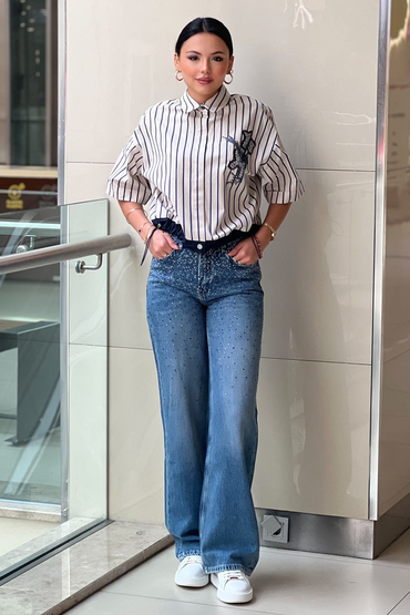 İpekyol Hotfix Baskılı Wide Leg Fit Jean Pantolon