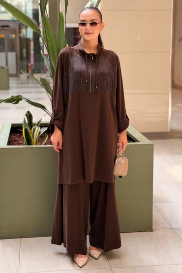 Heddy Bürümcük Kumaş Kombinli Yarım Fermuarlı Tunik Pantolon Tunik
