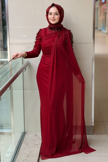 Fashion Night Kolları Taşlı Şifon Tül Abiye Elbise