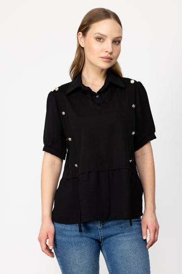 On Fashion Gömlek Yaka Kısa Kollu Süveter Detaylı Bluz
