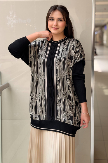 Ghisa Triko Detaylı Desenli Saten Tunik