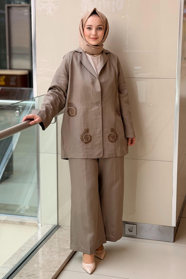 Kahma Kruvaze Yaka Boncuk İşlemeli Ceket Pantolon Takım