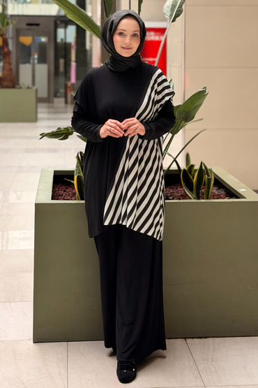 Nurcan Çetin Kontrast Çizgi Desenli Kolsuz Tunik İçlik Pantolon 3'lü Takım