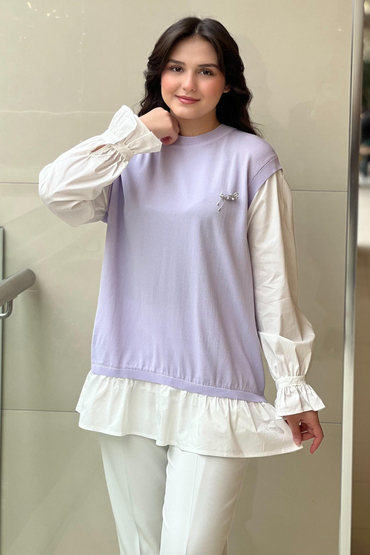 Tığ Triko Gömlek Yaka Metal Broş Detaylı Rayon Tunik
