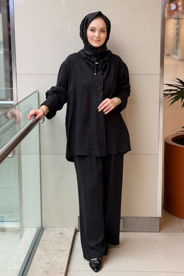 Ghisa Kendinden Desenli Büzgü Yaka Tunik Pantolon Takım