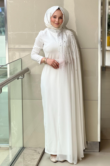 White Corner Şifon Detaylı Taşlı Abiye