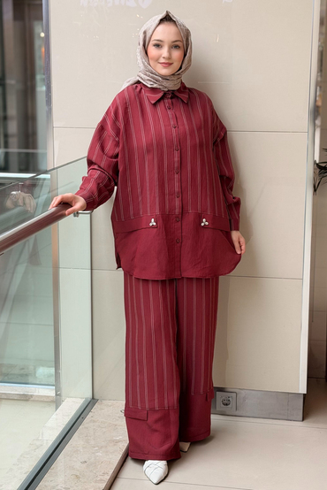 Ceremony İstridye Detaylı Çizgili Pantolonlu Takım