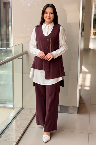Nurcan Çetin Asimetrik Kesim Fermuarlı Yelek Gömlek Pantolon 3'lü Takım
