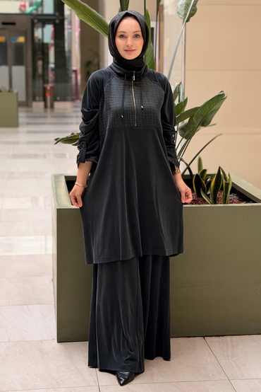 Heddy Bürümcük Kumaş Kombinli Yarım Fermuarlı Tunik Pantolon Tunik