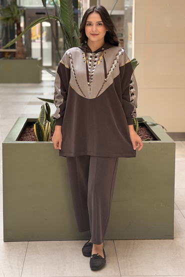 Ghisa Kapşonlu Desenli Tunik Pantolon Takım