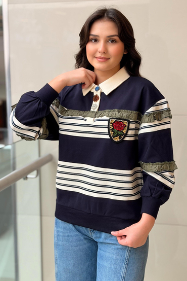 Twist Karma Düğmeli Çizgili Sweatshirt