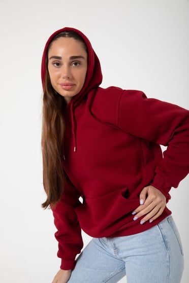 Bordo Unisex Rahat Kalıp Kapuşonlu Hoodie