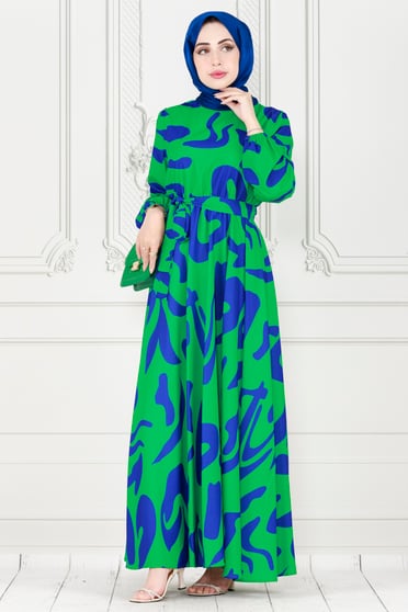 Geometric Viscose Fabric Desing Dress-Blue