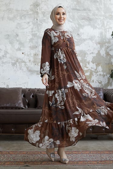 Jalya Buttoned Lace-up Brown Chiffon Dress