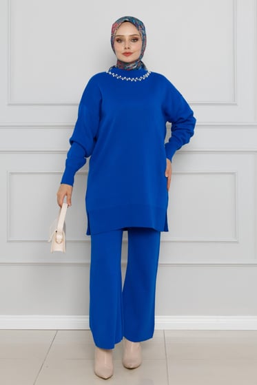 Pearl Neck Detailed Knitwear Suit-bleu color