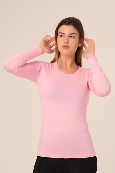 Yuvarlak Yaka Uzun Kollu Viskon Pembe Body