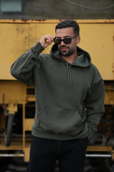 Geniş Kesim 3 İplik Haki Şardonlu Sweatshirt