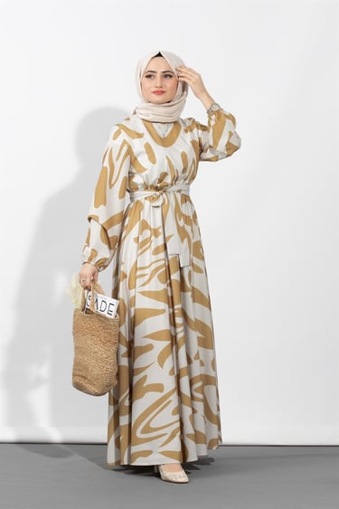 Geometric Viscose Fabric Desing Dress-Mink