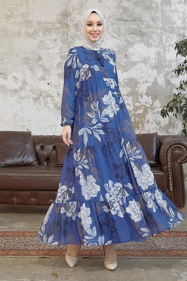 Jalya Buttoned Neck Tie Indigo Chiffon Dress