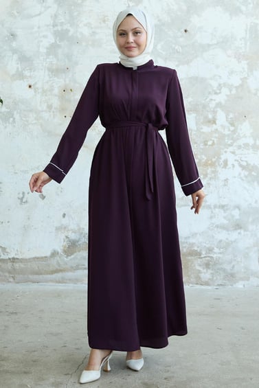 Salvia Salaş Kol Biye Desenli Mürdüm Ferace