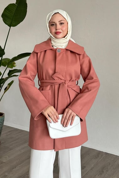 Düğme Detaylı Astarlı Gül Kurusu Kısa Kaban