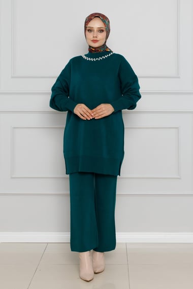 Pearl Neck Detailed Knitwear Suit-Petrol color