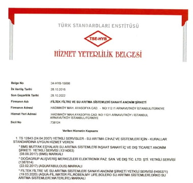 Filtek TSE Hizmet Yeterlilik Belgesi