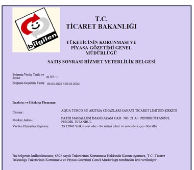 AQUA TURCO Satış Sonrası Hizmet Yeterlilik Belgesi