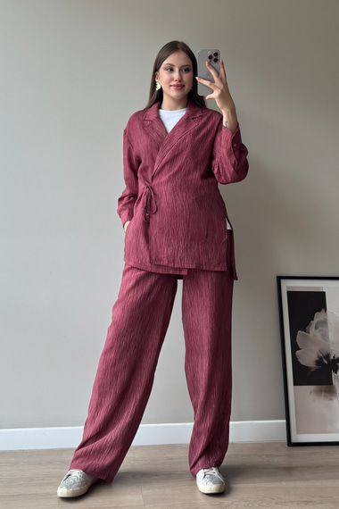 Bordo Baskılı Bağlama Detay Premium Takım