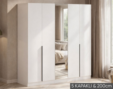 200 cm genişliğinde beyaz beş kapaklı gardırop