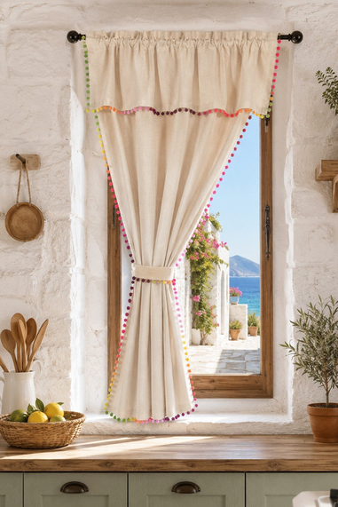 Ponponlu Rainbow Boho Naturel  Fon Perde - Tek Kanat, rustik ve Korniş Uyumlu