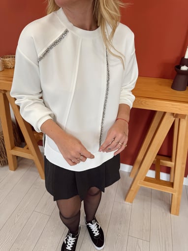 Kristal Taş İşlemeli Scuba Kumaş Beyaz Sweat