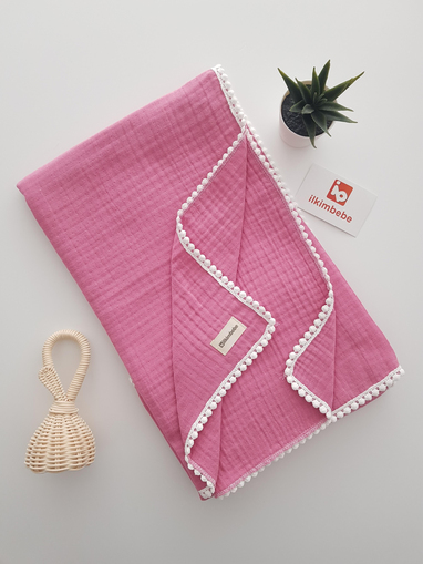 4 Katlı Ponponlu Müslin Bebek Battaniyesi 100x100 - BATTANİYE&ALT AÇMA
