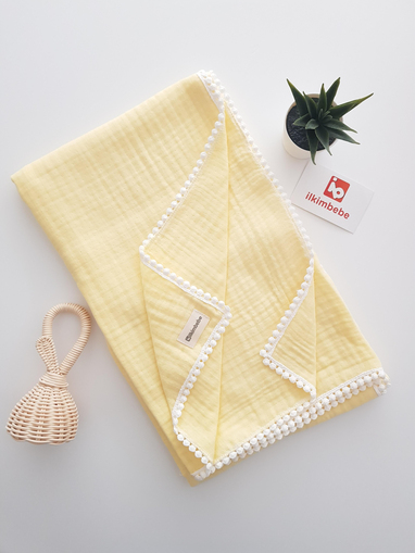 4 Katlı Ponponlu Müslin Bebek Battaniyesi 100x100 - BATTANİYE&ALT AÇMA
