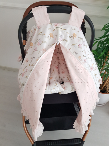 Çiçekli Fırfırlı Fermuarlı Bebek Puset Örtüsü ve Puset Minderi