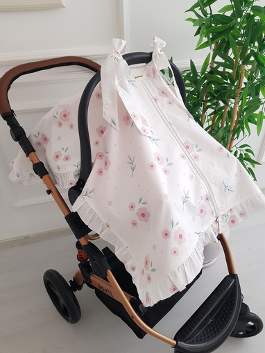 Çiçekli Fırfırlı Fermuarlı Bebek Puset Örtüsü ve Puset Minderi